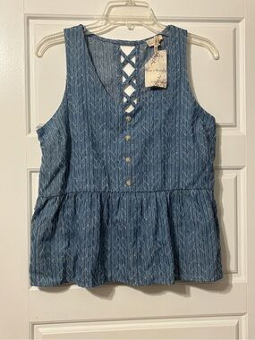 Hem & Thread Sleeveless Blue Striped Button Peplum Top